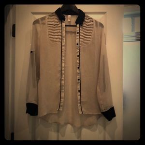 White and black button down sheer shirt
